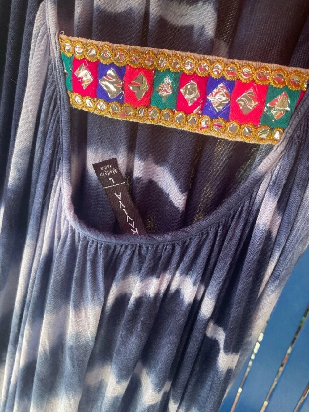 Raviya Blue Tie Dye Boho Hippie Embellished Strappy Fairy Maxi Dress Size Large - Picture 7 of 16